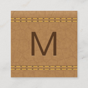 Monogram   Double Stitched Tan Leather Square Business Card