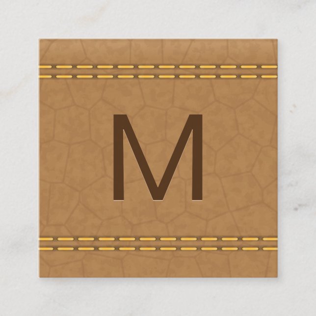 Monogram | Double Stitched Tan Leather Square Business Card (Front)