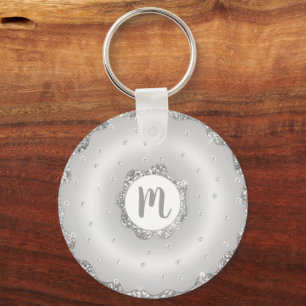 Monogram doughnut silver glitter script chic girly key ring