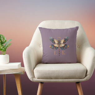Monogram Dragonfly Folk Art Purple Blue Orange Cushion