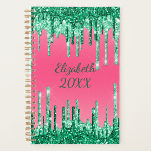 Monogram Dripping Glitter Green Pink Trendy Glam  Planner
