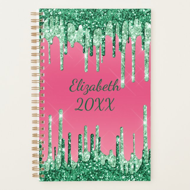 Monogram Dripping Glitter Green Pink Trendy Glam  Planner (Front)
