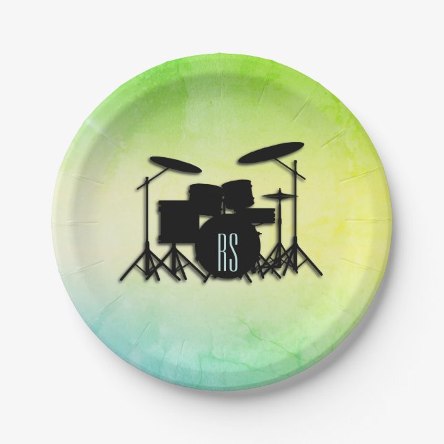 Monogram Drum Set Green Paper Plate (Front)