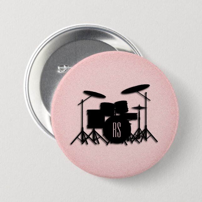 Monogram Drum Set Music Design Pink  7.5 Cm Round Badge (Front & Back)
