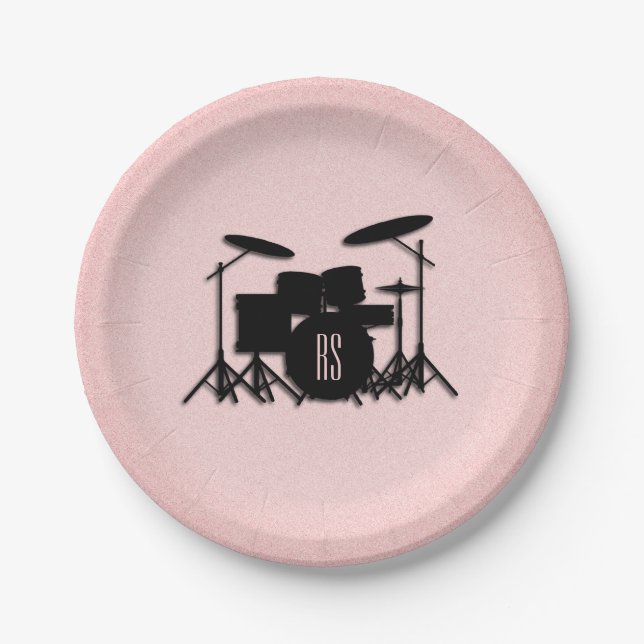 Monogram Drum Set Music Design Pink  Paper Plate (Front)