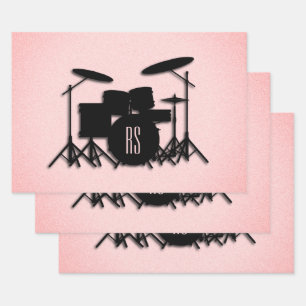 Monogram Drum Set Music Design Pink  Wrapping Paper Sheet