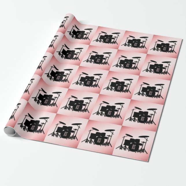Monogram Drum Set Pink Wrapping Paper (Unrolled)