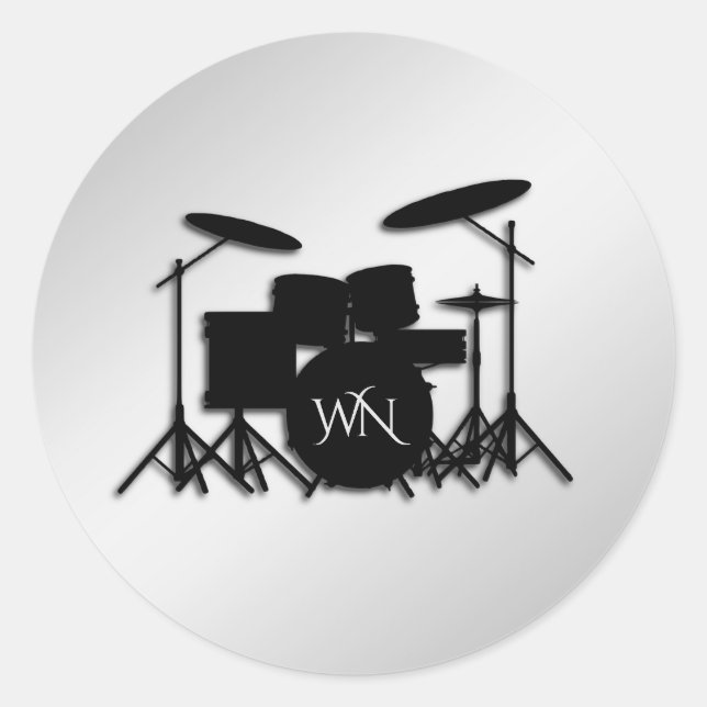 Monogram Drum Set Silver Classic Round Sticker (Front)