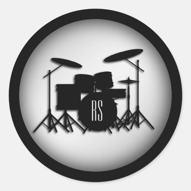 Monogram Drum Set Silver Classic Round Sticker (Front)