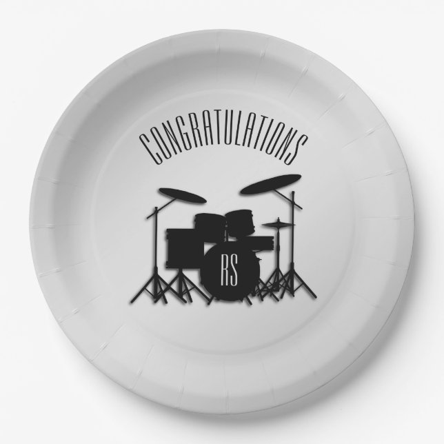 Monogram Drum Set Silver Congratulations Paper Plate (Front)