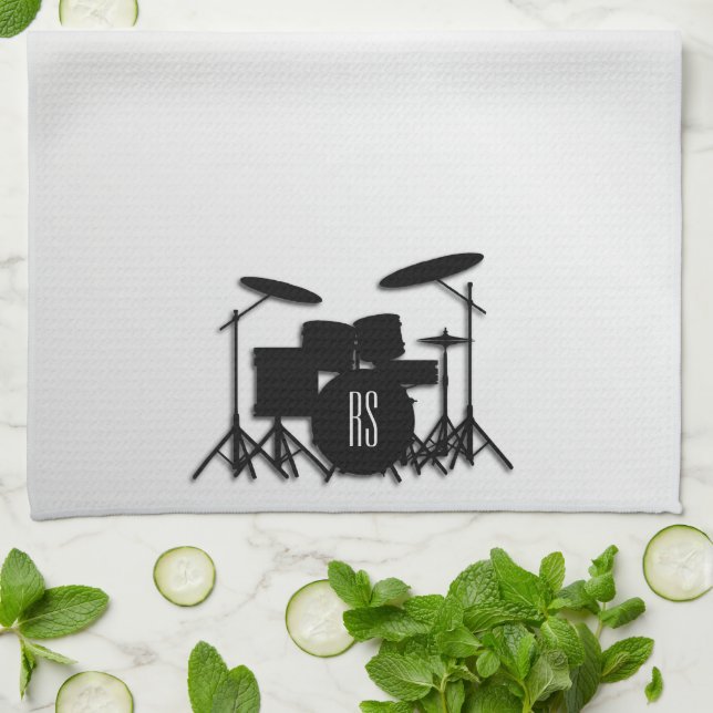 Monogram Drum Set Silver Tea Towel (Folded)