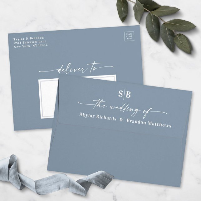 Monogram Dusty Blue A7 5x7 Wedding Invitation Envelope (Creator Uploaded)
