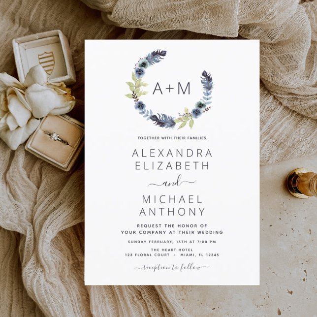 Monogram Dusty Blue Boho Floral Wedding Invitation (Creator Uploaded)