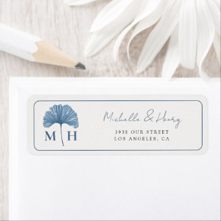 Monogram Dusty Blue Botancial Watercolor Wedding Return Address Label