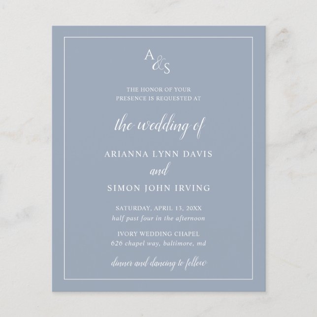 Monogram Dusty Blue Budget Wedding Invitation (Front)