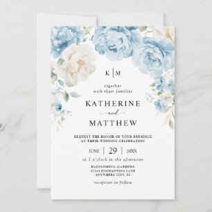 Monogram Dusty Blue Champagne Ivory Floral Wedding Invitation