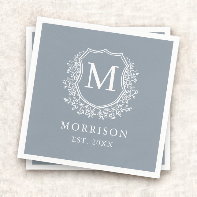 Monogram Dusty Blue Crest Botanical Wedding  Napkin (Creator Uploaded)