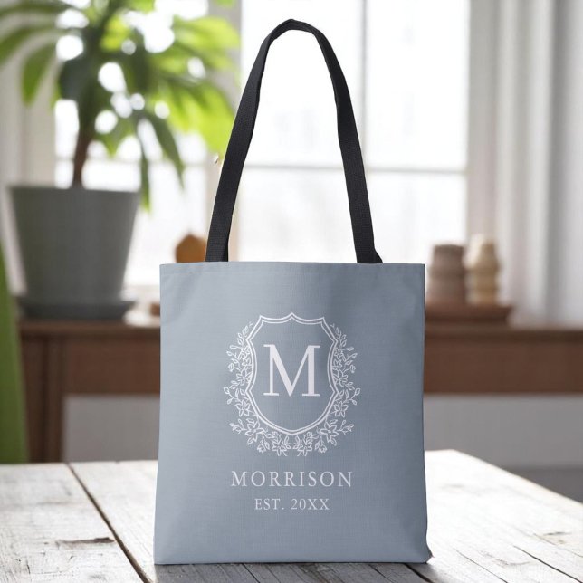 Monogram Dusty Blue Crest Botanical Wedding  Tote Bag (Creator Uploaded)