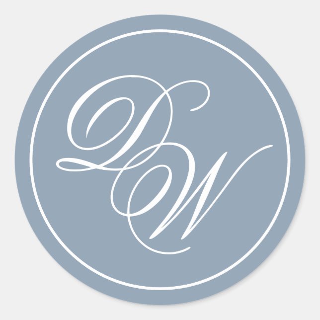Monogram Dusty Blue Elegant White Script Initials Classic Round Sticker (Front)
