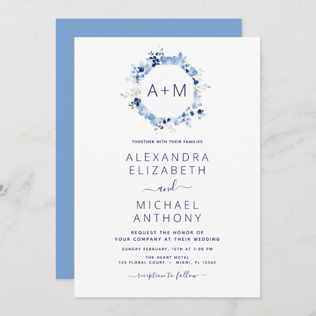 Monogram Dusty Blue Floral Wedding Invitation (Front/Back)