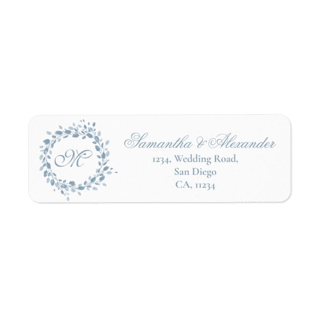 Monogram Dusty Blue Floral Wedding Return Address Label (Front)