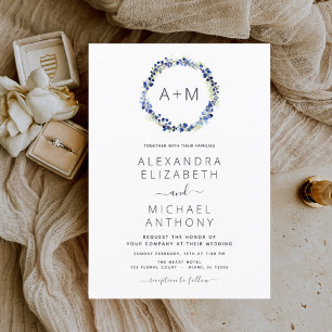 Monogram Dusty Blue Floral Wreath Wedding Invitation