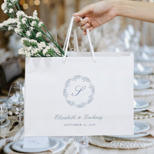 Monogram Dusty Blue Foliage Wreath Wedding Large Gift Bag