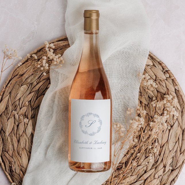 Monogram Dusty Blue Foliage Wreath Wine Label (Creator Uploaded)