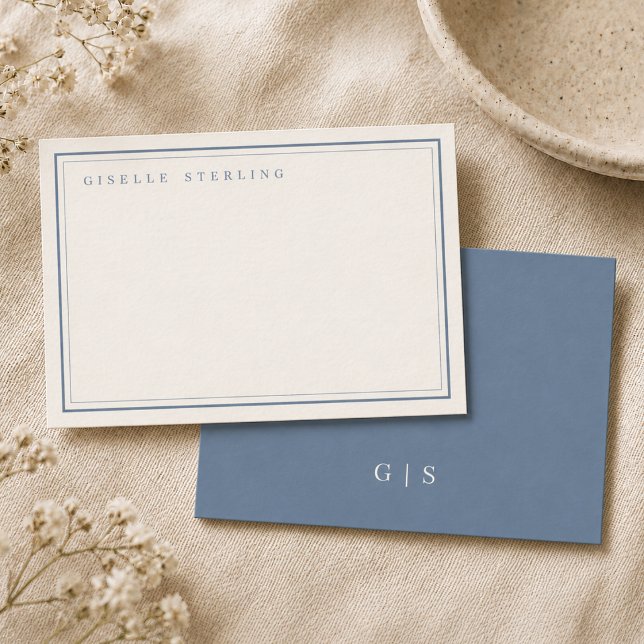 Monogram Dusty Blue Ivory Double Border Card (Creator Uploaded)