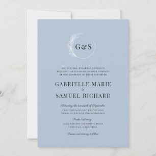 Monogram Dusty Blue Leaf Wreath Minimal Wedding Invitation