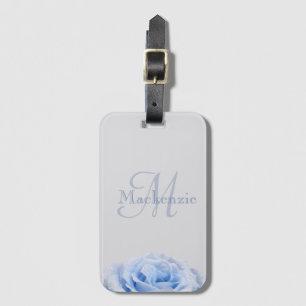 Monogram Dusty Blue Rose Floral Grey Custom Name Luggage Tag