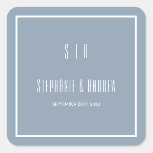  Monogram Dusty Blue & White Modern Simple Wedding Square Sticker