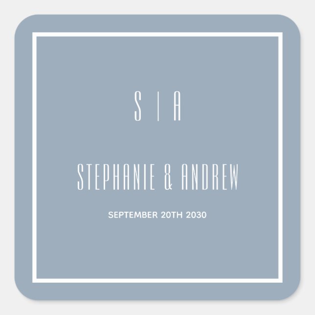  Monogram Dusty Blue & White Modern Simple Wedding Square Sticker (Front)
