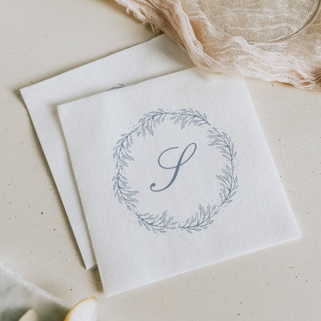 Monogram Dusty Blue Wreath Classic Script Wedding Napkin (Creator Uploaded)