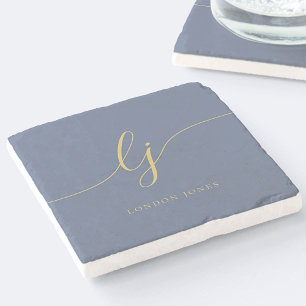 Monogram Dusty Navy Blue Gold Simple Elegant Stone Coaster