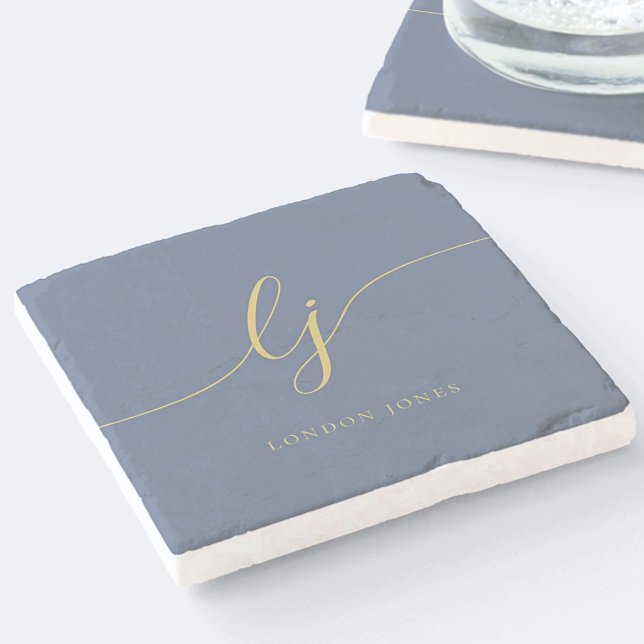 Monogram Dusty Navy Blue Gold Simple Elegant Stone Coaster (Creator Uploaded)