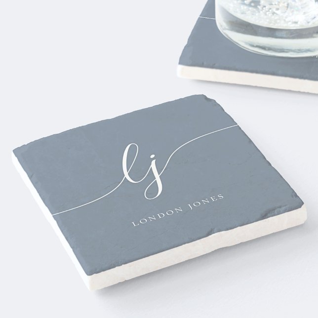Monogram Dusty Navy Blue White Simple Elegant Stone Coaster (Creator Uploaded)