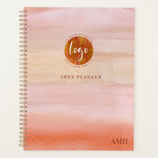 Monogram Dusty Orange Watercolor with Your Logo Planner (Front)