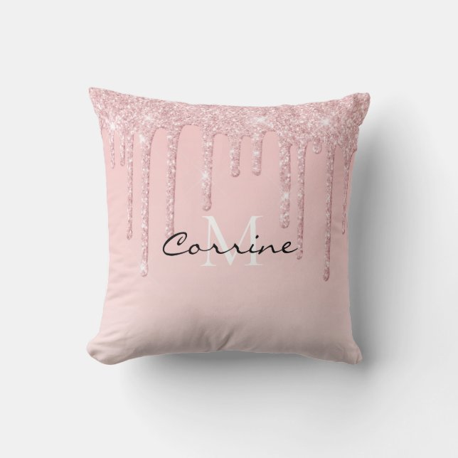 Monogram Dusty Pink Dripping Glitter Metallic Blus Cushion (Front)