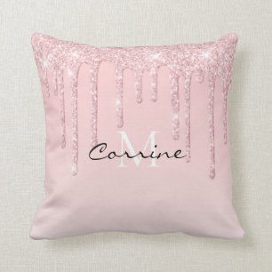 Monogram Dusty Pink Dripping Glitter Metallic Blus Cushion