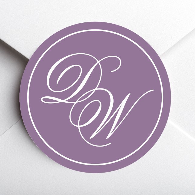 Monogram Dusty Purple 2 Initials White Calligraphy Classic Round Sticker (Creator Uploaded)