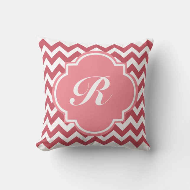 Monogram Dusty Rose and Deep Red Chevron Cushion (Front)