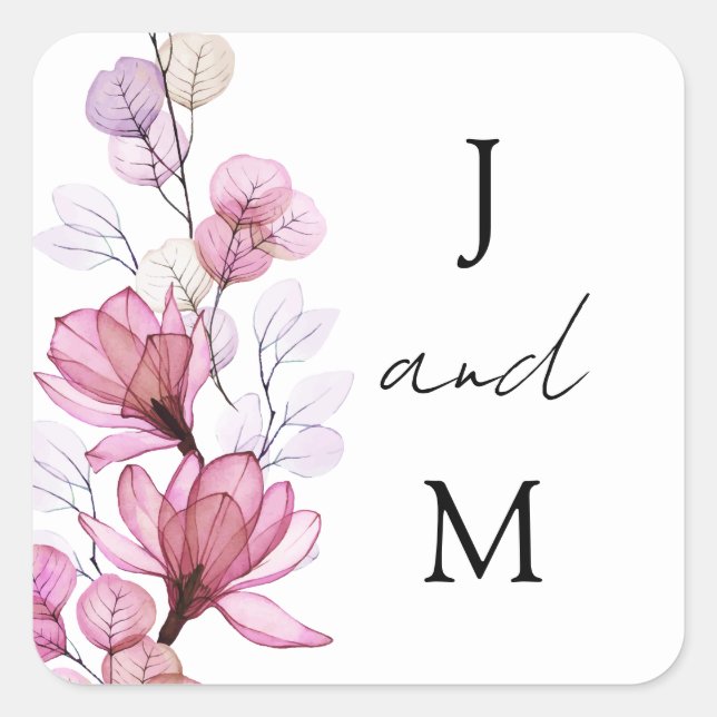 Monogram Dusty Rose Floral Wedding Favour Square Sticker (Front)