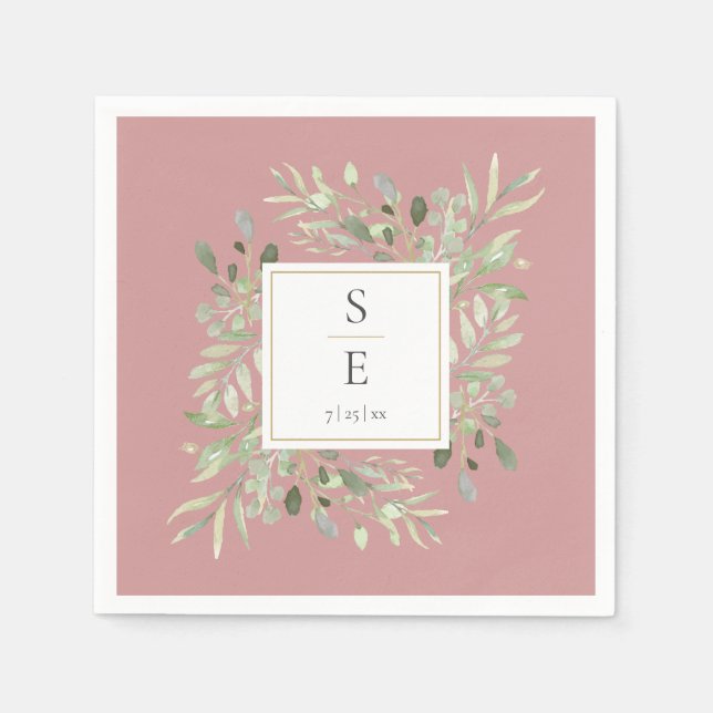 Monogram Dusty Rose Greenery Foliage Napkin (Front)