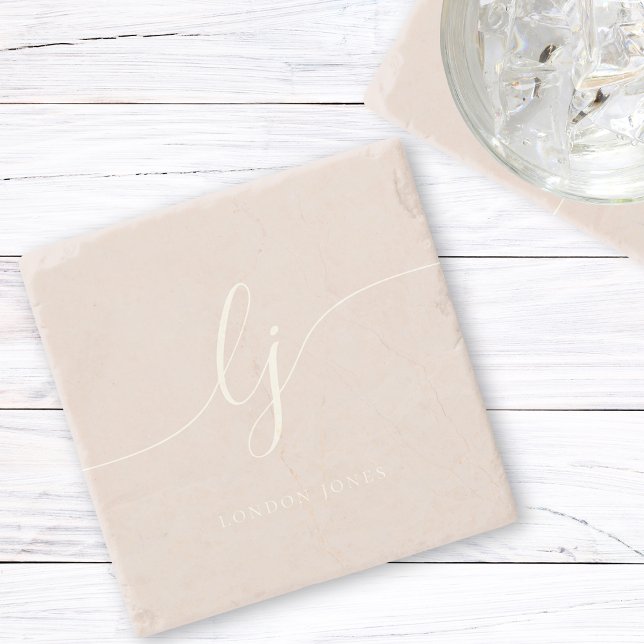Monogram Dusty Rose Pink Simple Elegant Script Stone Coaster (Creator Uploaded)