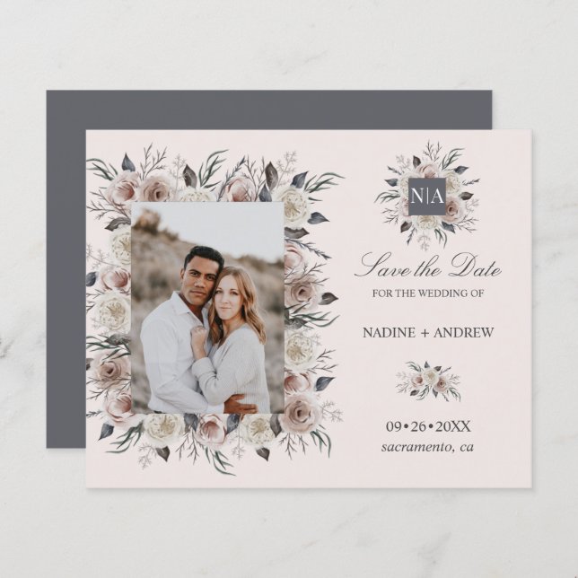 Monogram Dusty Rose Wedding photo SAVE THE DATE (Front/Back)