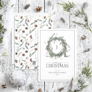 Monogram Dusty Winter Wreath Merry Christmas Holid Holiday Card
