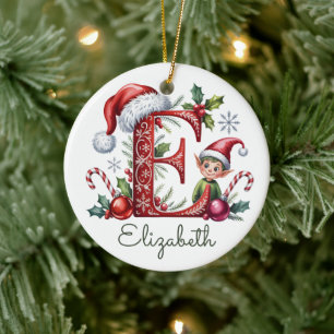 Monogram E Elf Christmas Ornament