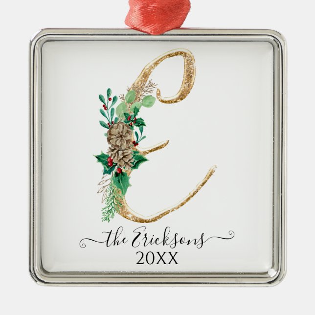 Monogram E Family Holly Christmas Gold Glitter Metal Ornament (Front)