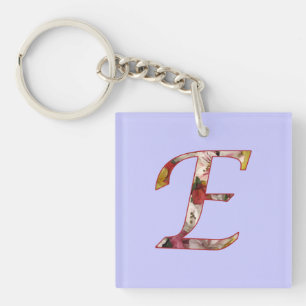 Monogram E Floral Design Keychain